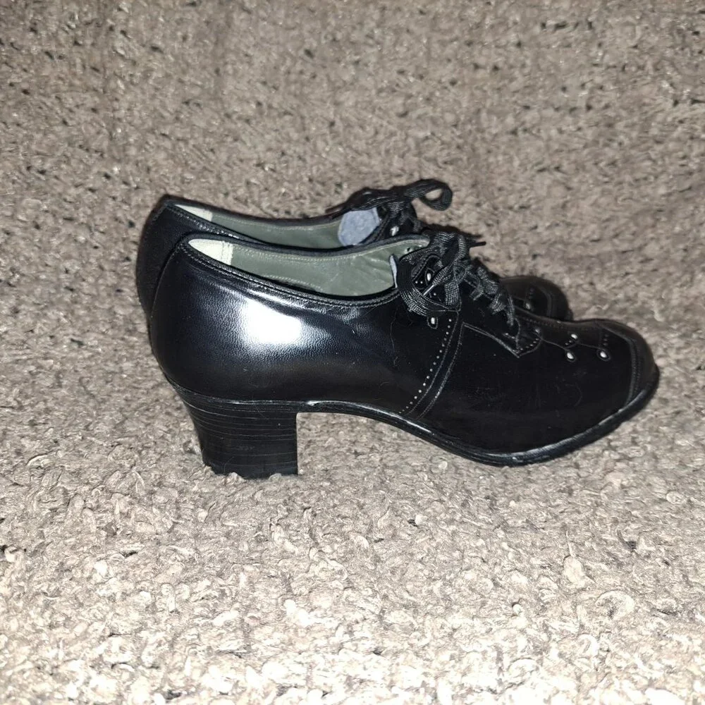 1940's Vintage-DR. SCHOLL'S-Black Leather Granny Heels-Cut-Outs-Sz 7-Near Mint - Picture 5 of 8